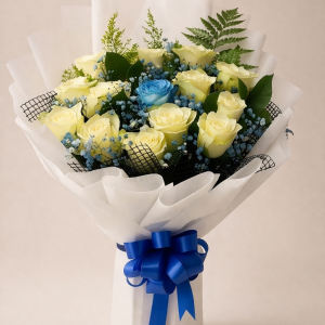 Cream White & Blue Rose Elegance