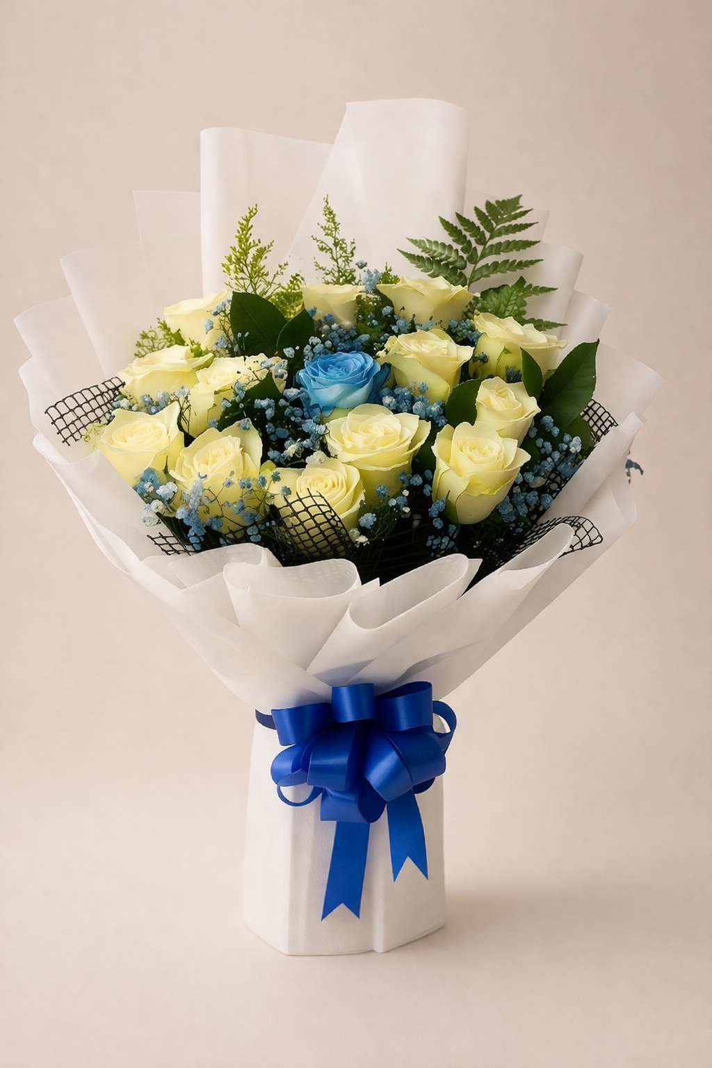 Cream White & Blue Rose Elegance