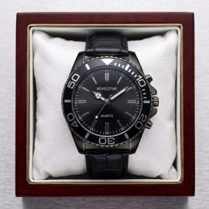 News Time All Black Quartz Leather Watch