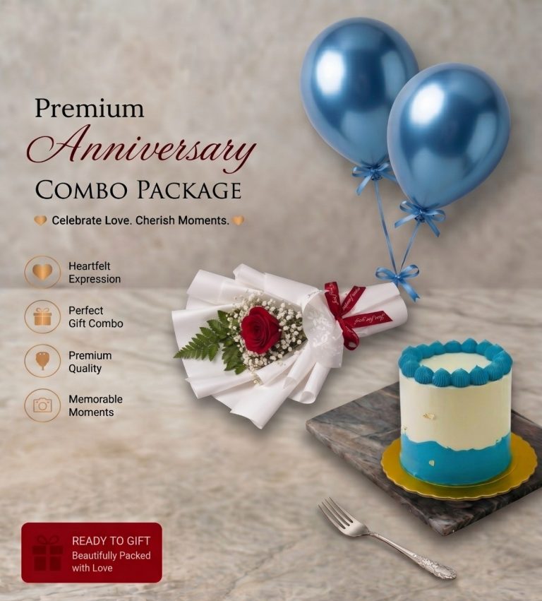 Blue Cake & Flower Bouquet Combo (QR-CO2)